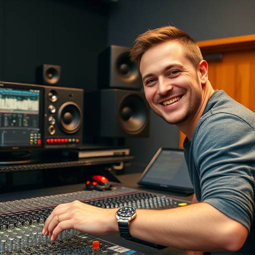 Ritratto di Giovanni Russo, sound designer, con un mixer audio sullo sfondo e un sorriso amichevole.